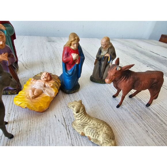 Vintage Germany paper mache nativity Wiseman Joseph Jesus animals Xmas décor - Picture 2 of 8